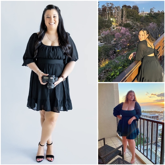 NWT Zaful Black Square Long Puff Lanturn Sleeve Tie Back Beach Sun Mini Dress S - Picture 7 of 14